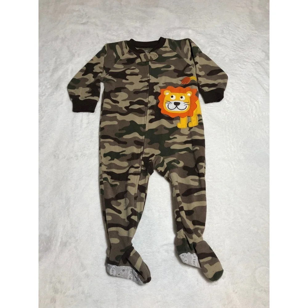 5/$25 Carter's Footed Pajamas Baby Boy 12 Months Brown Camo Lion Fleece Sleeper